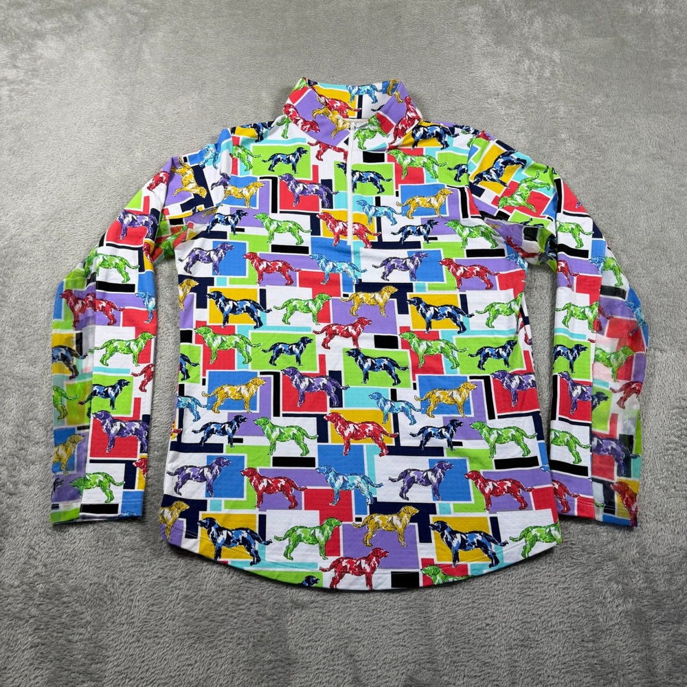IBKUL Mock Neck Sun Shirt Women Small Multicolor AOP Dog Golf Long Sleeve UPF